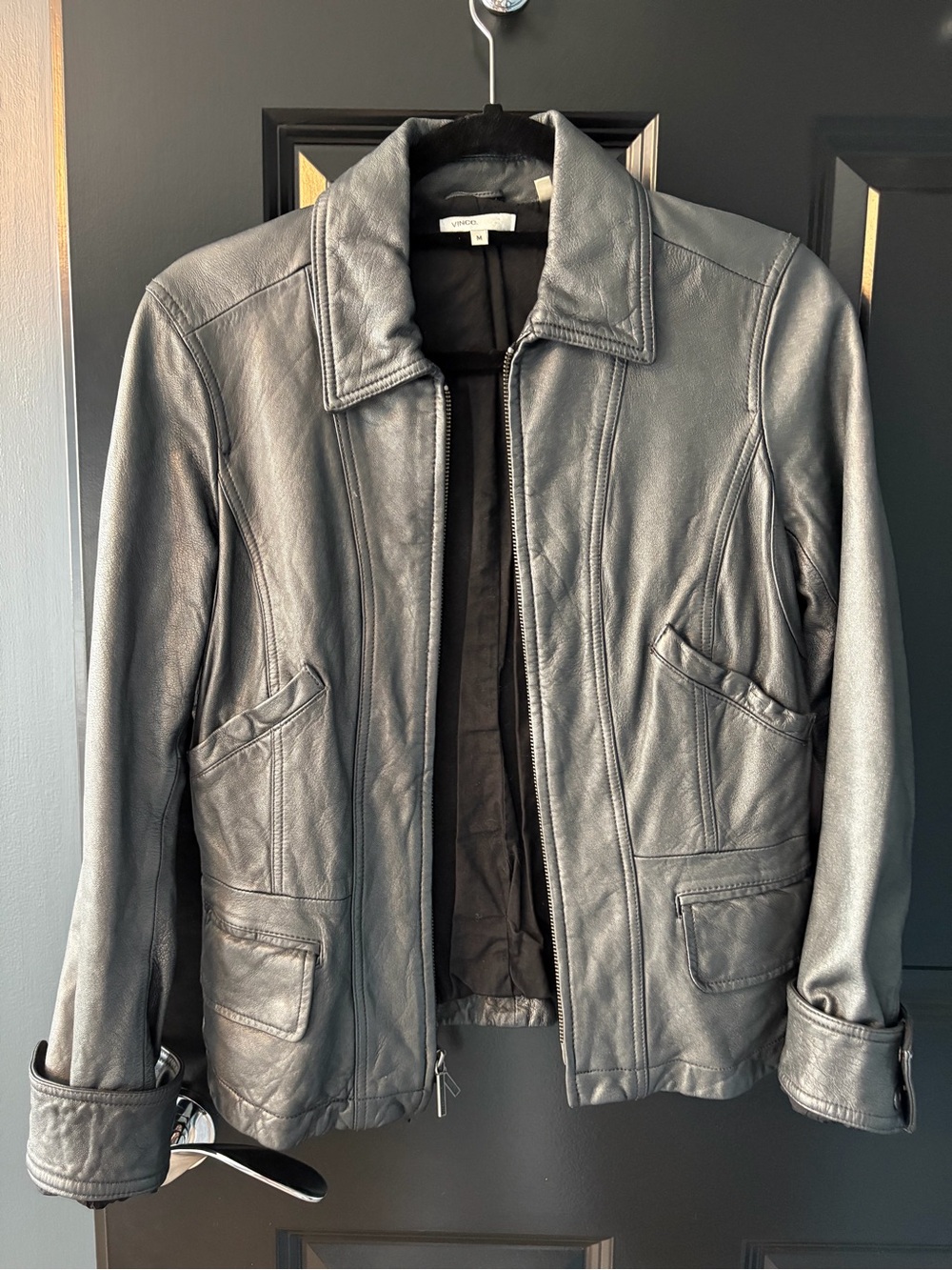 Vince Metallic Gray Leather Zip Jacket Size Small